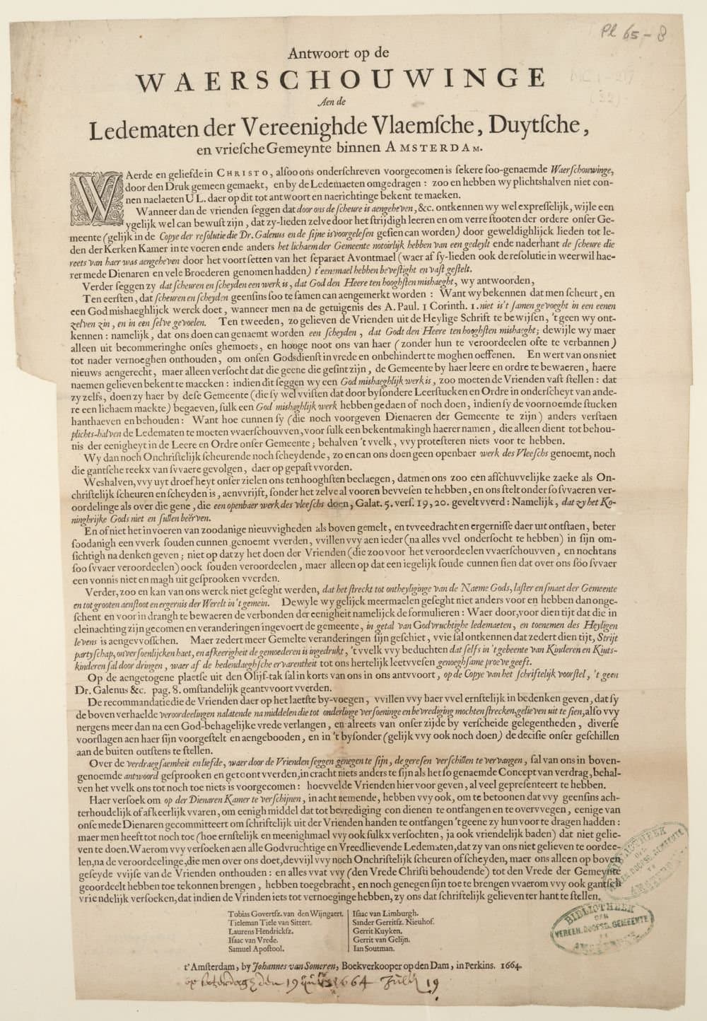 
              Antwoort op de Waerschouwinge aen de ledematen der Vereenighde Vlaemsche, Duytsche, en vriesche Gemeynte ...
        