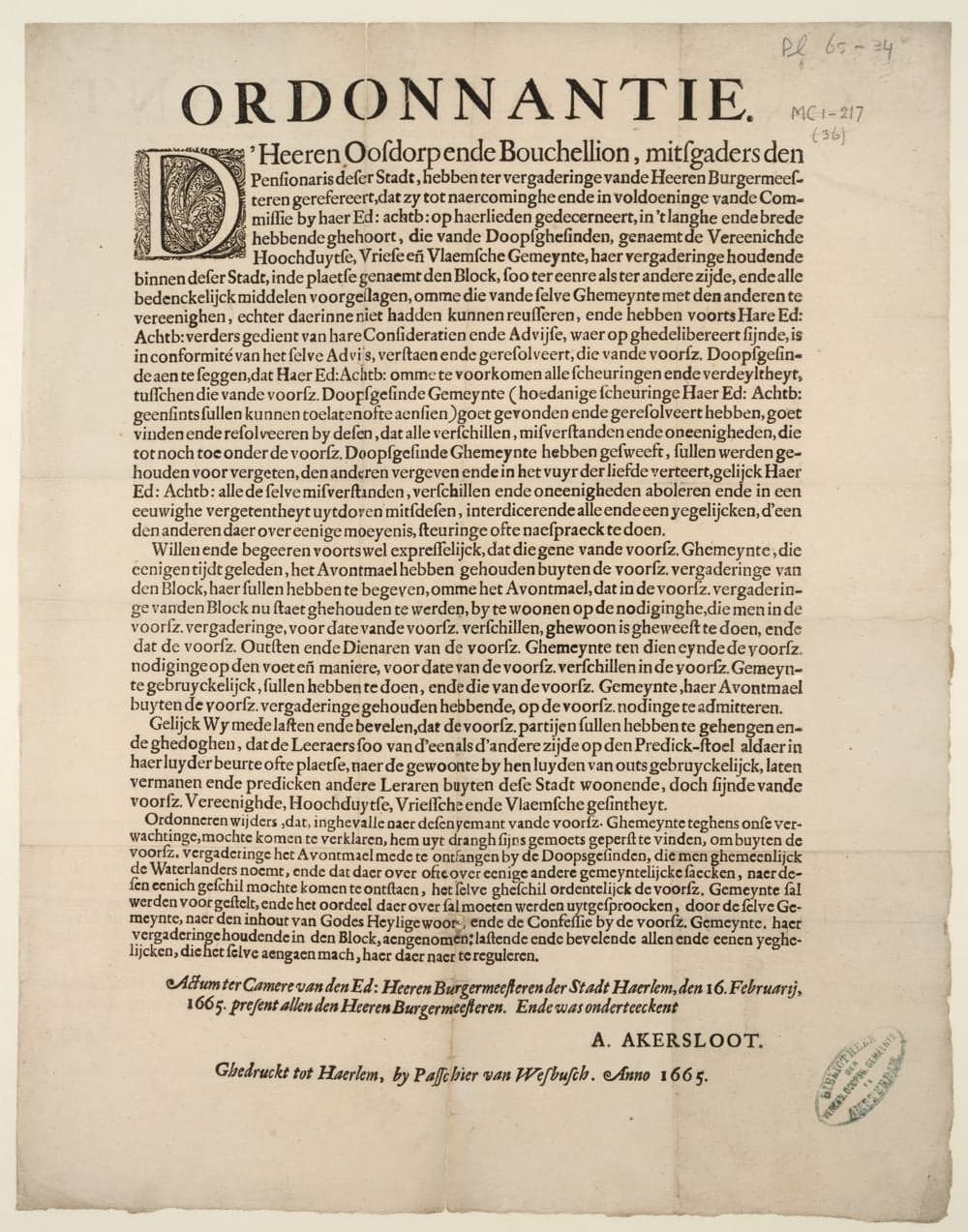 
              Ordonnantie. D'Heeren Oosdorp ende Bouchellion, mistgaders den pensionaris deser stad [Haerlem] ..
      ...
        