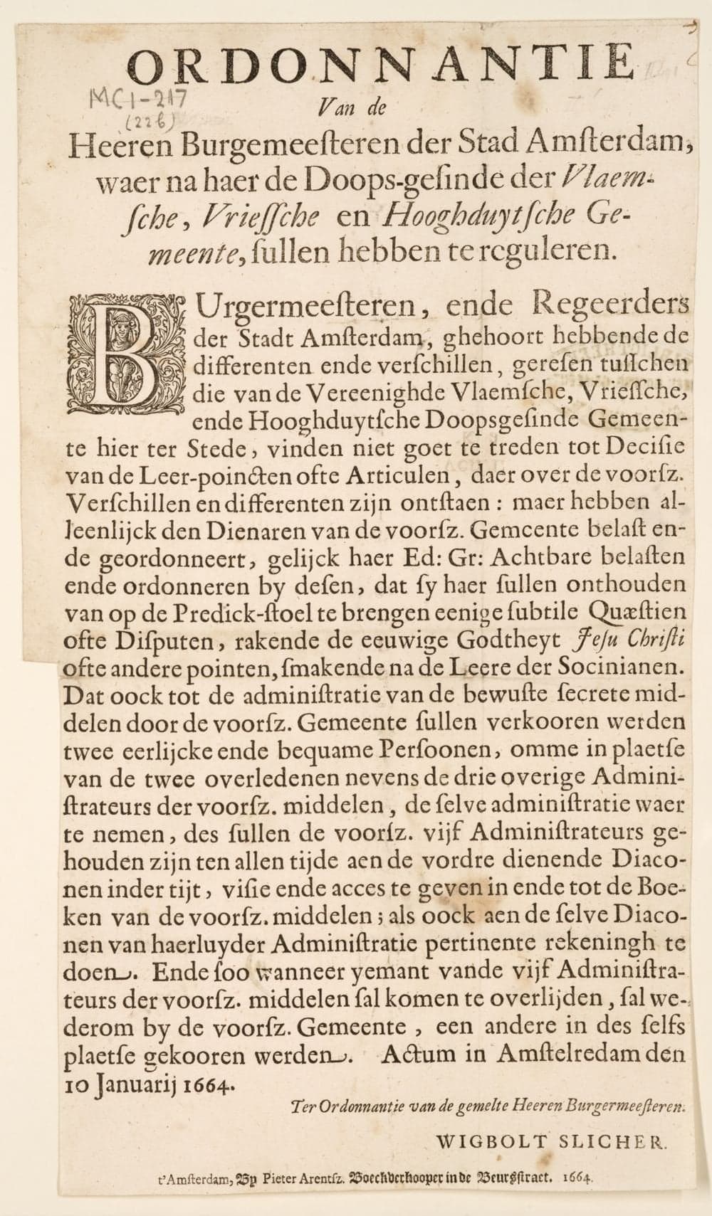 
              Ordonnantie van de Heeren Burgemeesteren der stad Amsterdam, waer na haer de Doops-gesinde der Vlaemsche,...
        