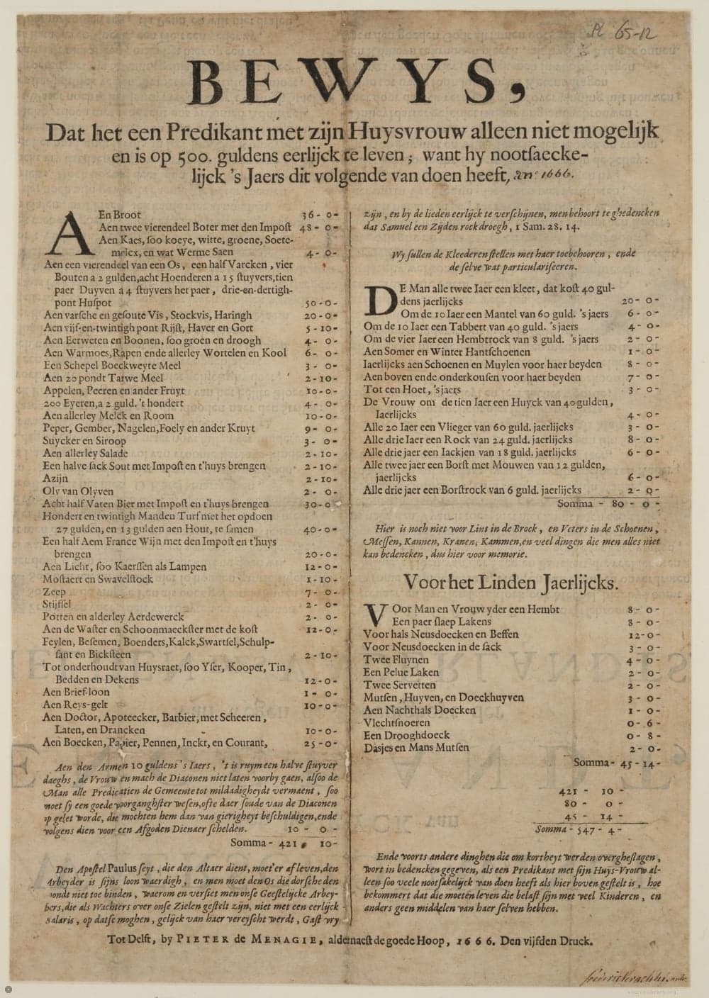 
              Bewys, dat het een predikant met zijn huysvrouw alleen niet mogelijk en is op 500. guldens eerlijck te le...
        