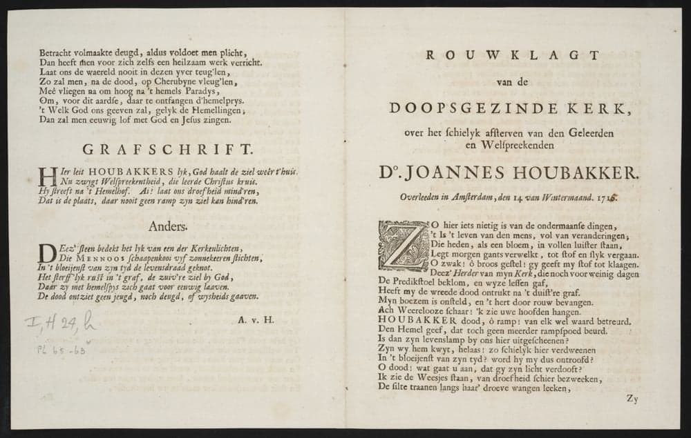 
              Rouwklagt van de Doopsgezinde kerk, over het schielyk afsterven van ... Joannes Houbakker. Overleeden in ...
        