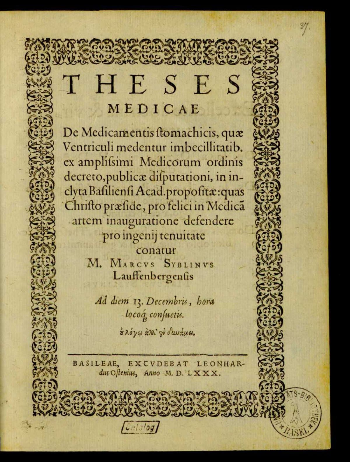 Theses medicae de medicamentis stomachicis, quae ventriculi medentur imbecillitatib