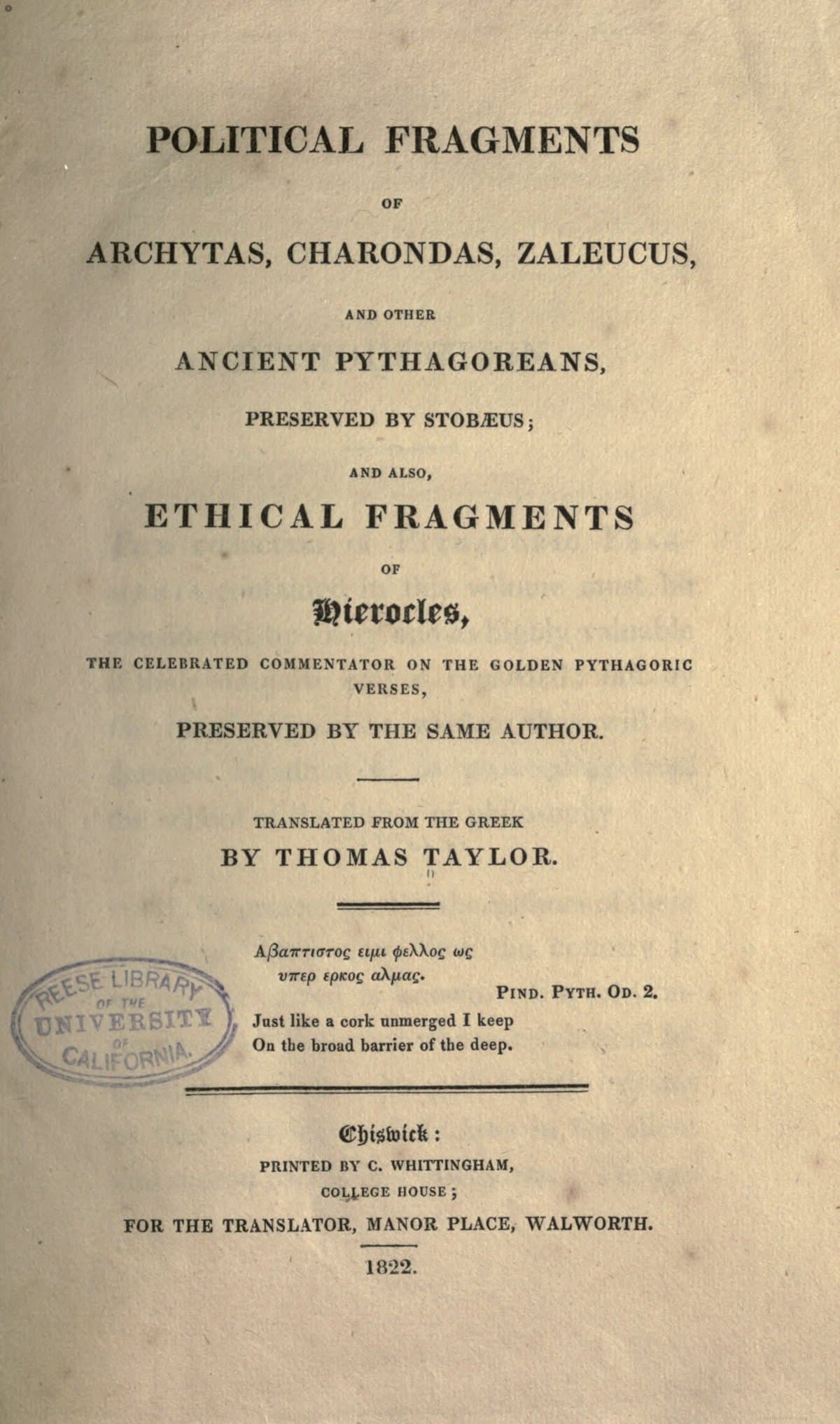 Political Fragments of Archytas, Charondas, Zaleucus + Hierocles