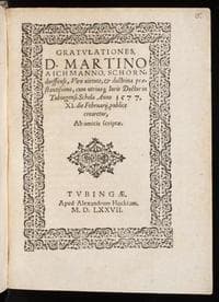 Gratulationes d. Martino Aichmanno Schorndorffensi, viro virtute, &amp; doctrina praestantissimo, cum utriusque iuris doctor in Tubingensi schola anno 1577. XI. die Februarii, publice crearetur