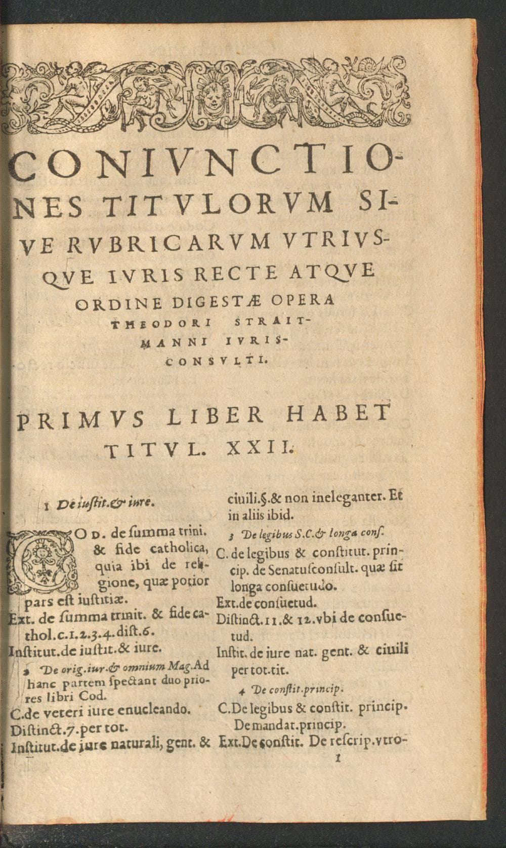 [Titre de départ :] Conjuctiones titulorum sive rubricarum utriusque juris recte atque ordine digestae opera Theodori Straitmanni jurisconsulti.