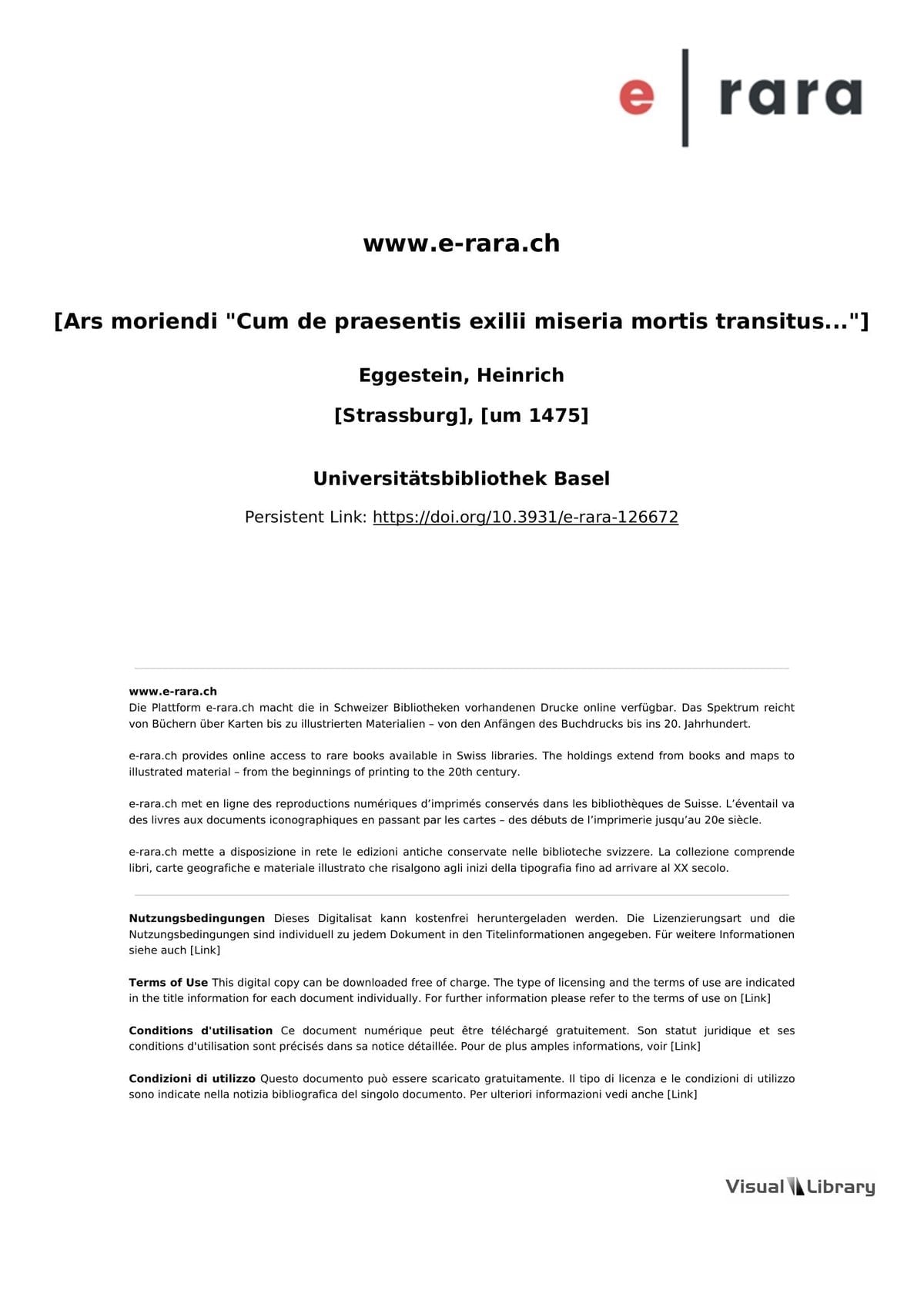 [Ars moriendi "Cum de praesentis exilii miseria mortis transitus..."]