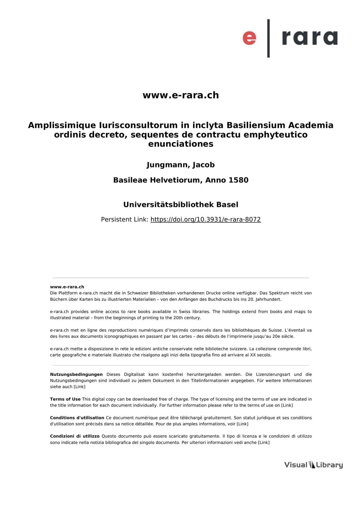 Amplissimique Iurisconsultorum in inclyta Basiliensium Academia ordinis decreto, sequentes de contractu emphyteutico enunciationes