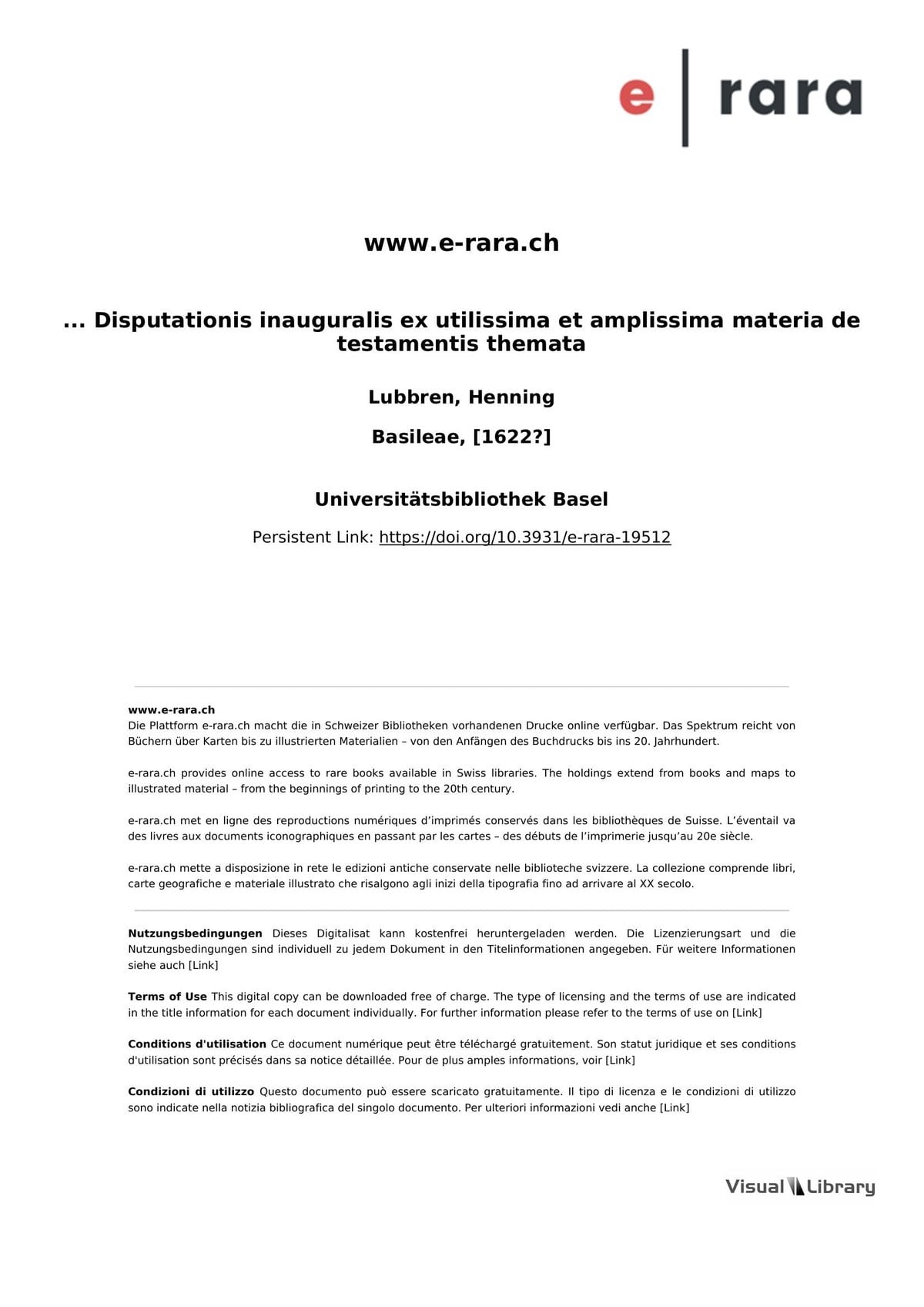 ... Disputationis inauguralis ex utilissima et amplissima materia de testamentis themata