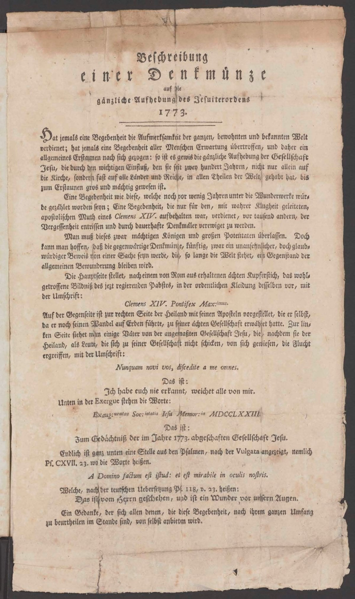 Description of a Commemorative Medal on the Abolition of the Jesuit Order