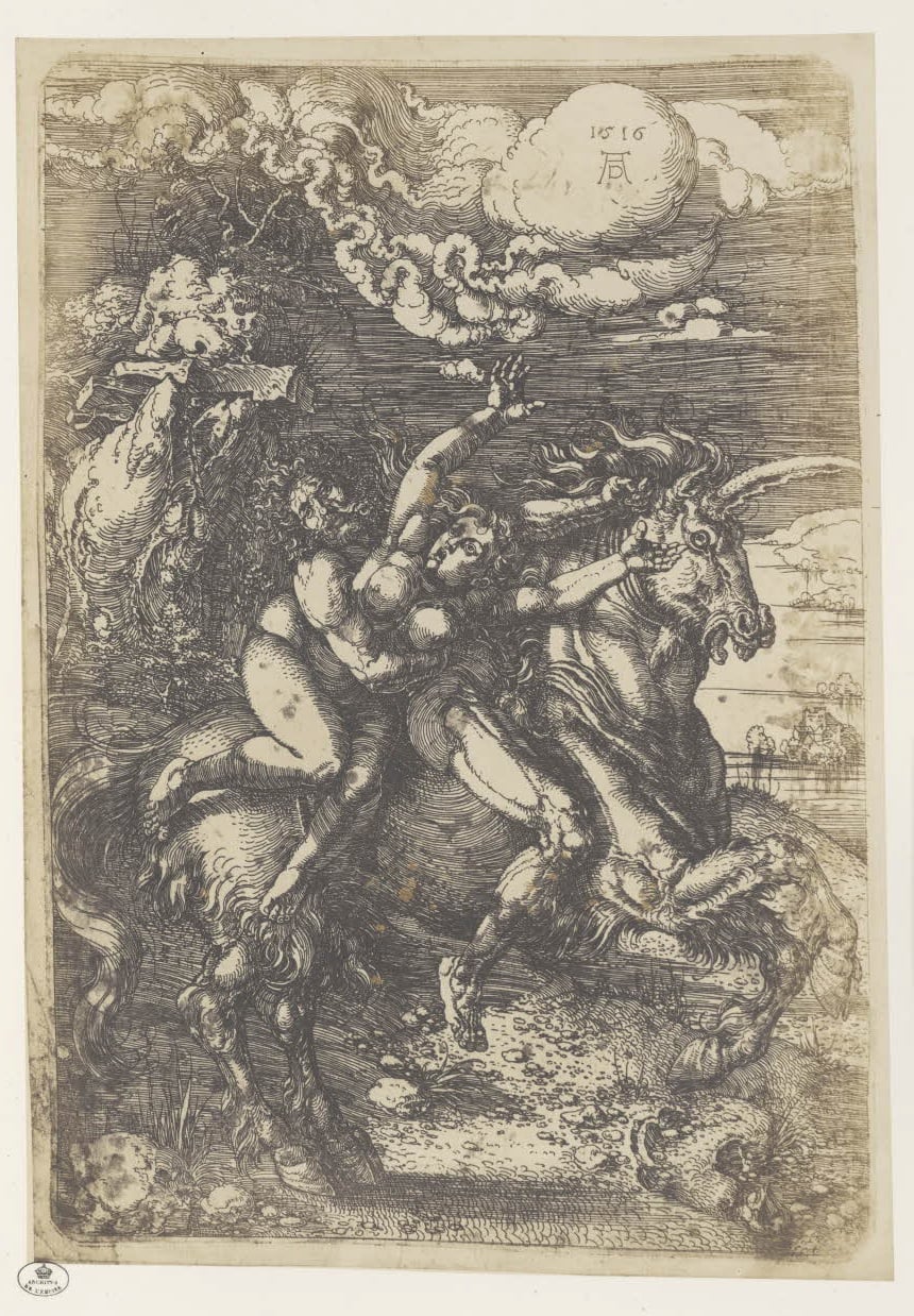 Albrecht Dürer : démon emportant une femme nue sur un cheval