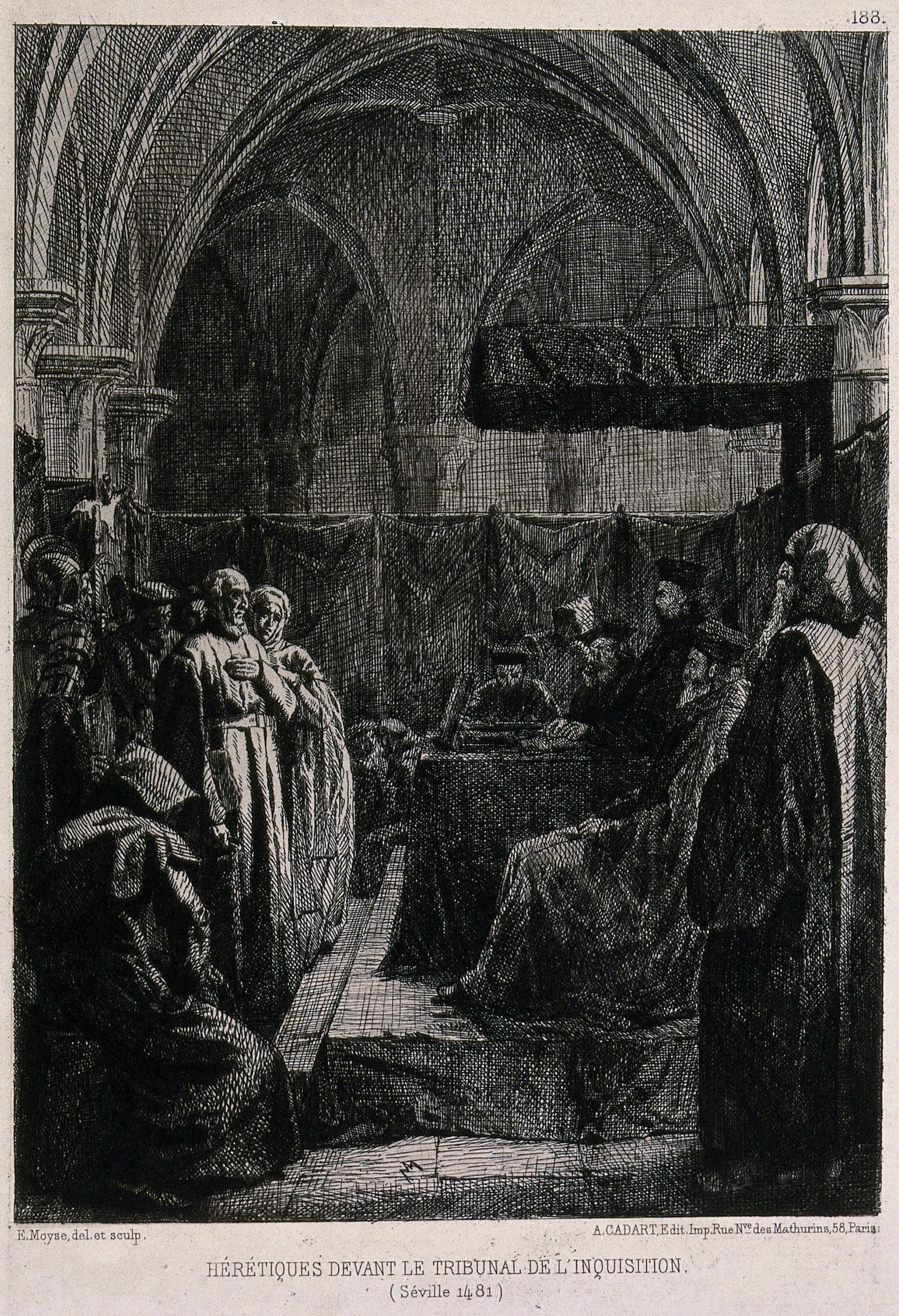 Accused heretics standing before a tribunal of the Spanish Inquisition in Sevilla