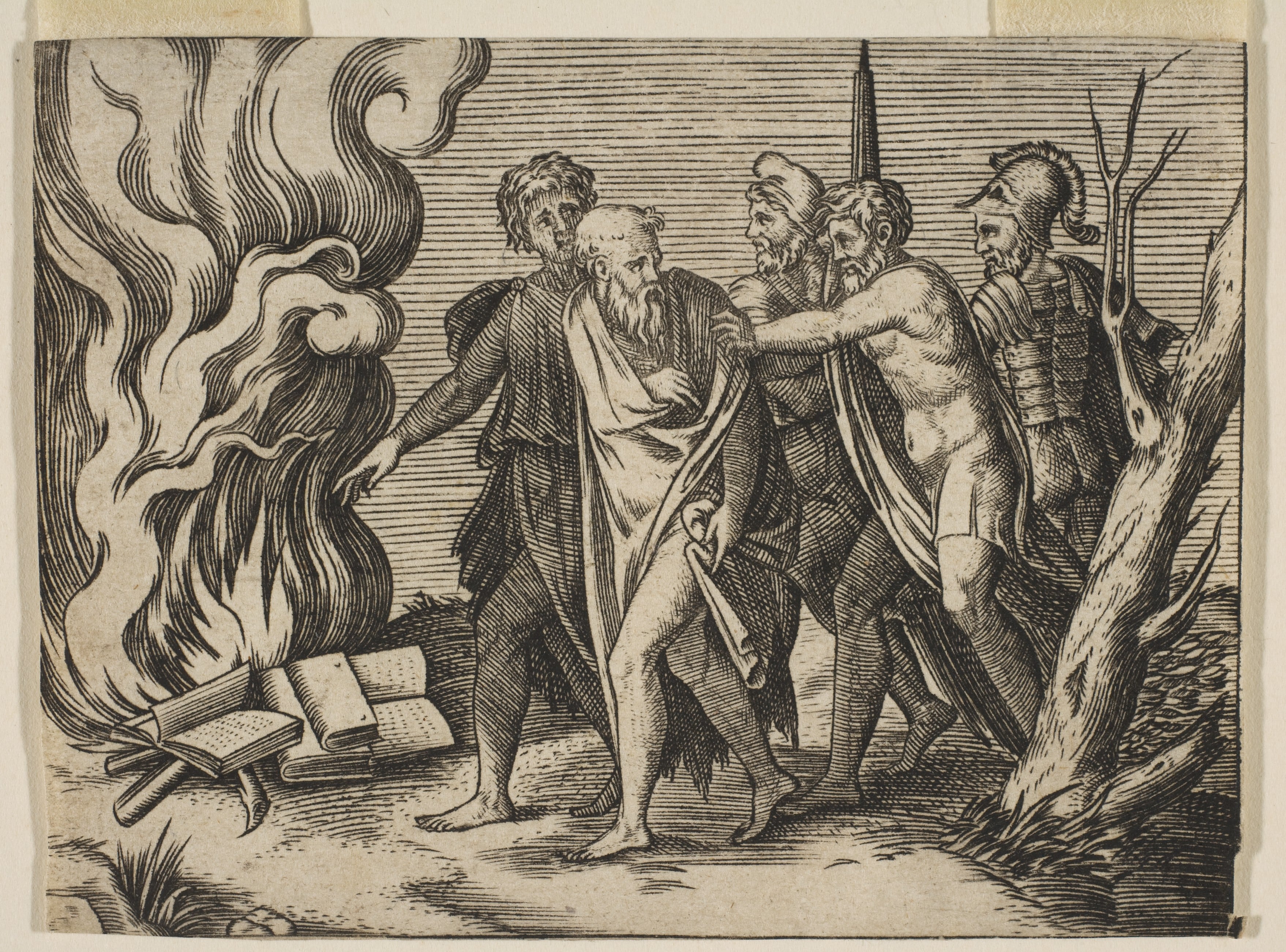 A group of men at right pushing philosophers toward a fire with burning books at the left